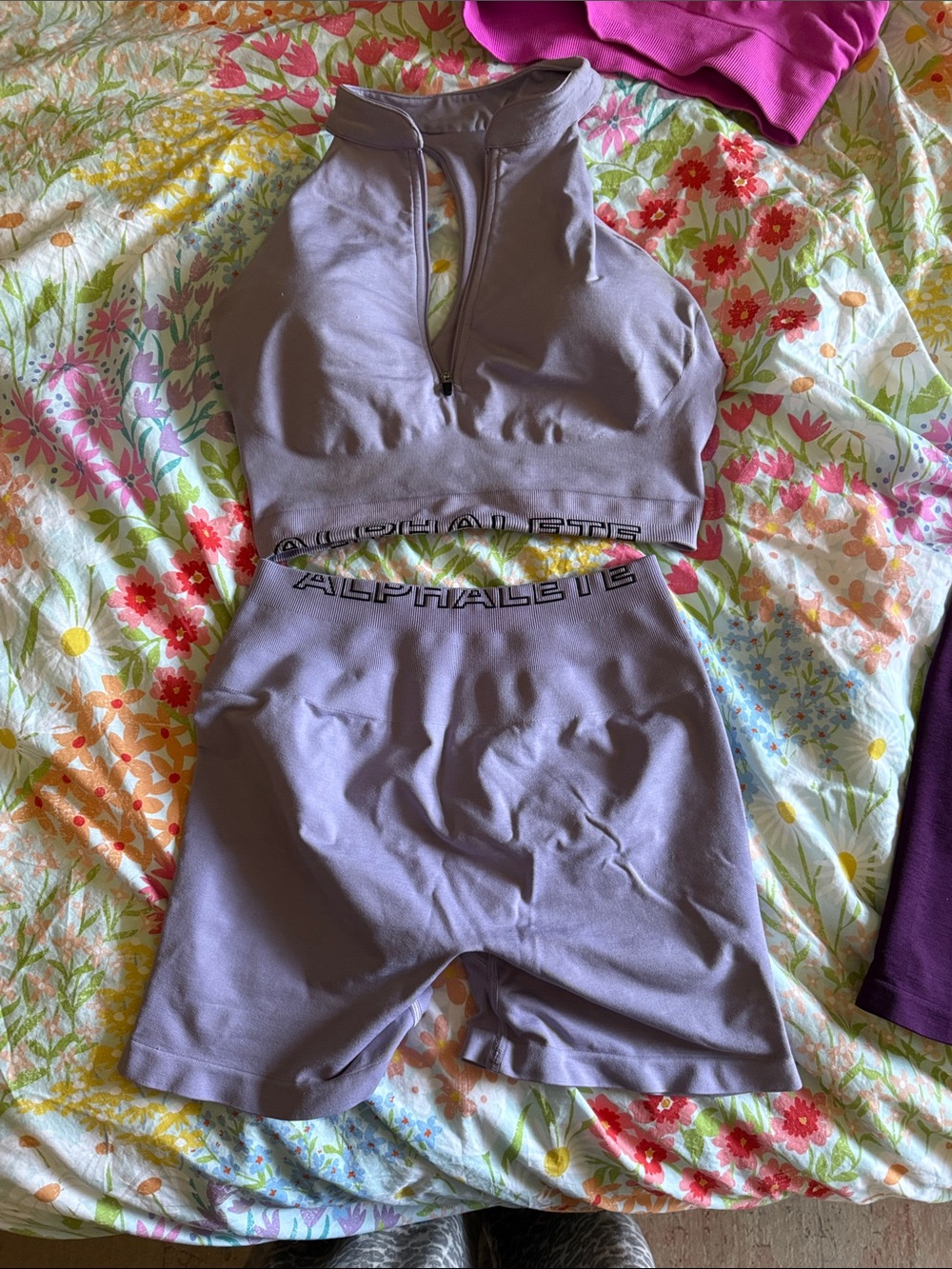 Alphalete Mauve Zip-Halter Sports Bra with Matching High-Waist Shorts